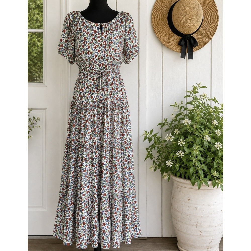 J Crew Floral Maxi Dress Sz L Cottagecore Tiered Waist Tie Feminine Resort